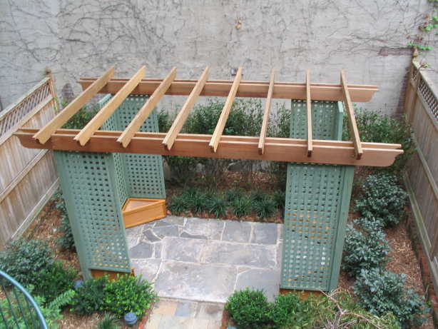 CEDAR ARBOR WITH CUSTOM  LATTICE PANELS & 4 TRIANGULAR CEDAR PLANTER BOXES...FORT GREENE, BROOKLYN