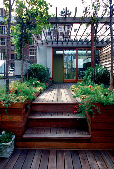 IPE DECK, PLANTERS, AND FENCE WITH CEDAR LATTICE. MAHOGANY PERGOLA...E. 75TH STREET, MANHATTAN